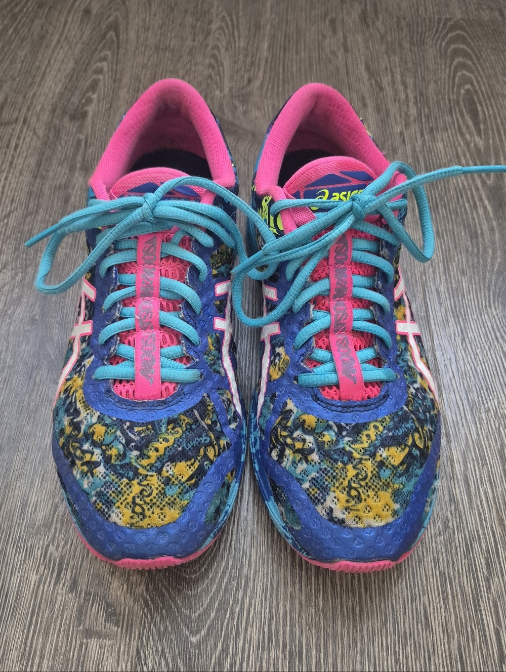 Asics Women's Noosa Gel Multicolor Graphic Running Sneakers - Pink & Teal Size 8 - Picture 2 of 10